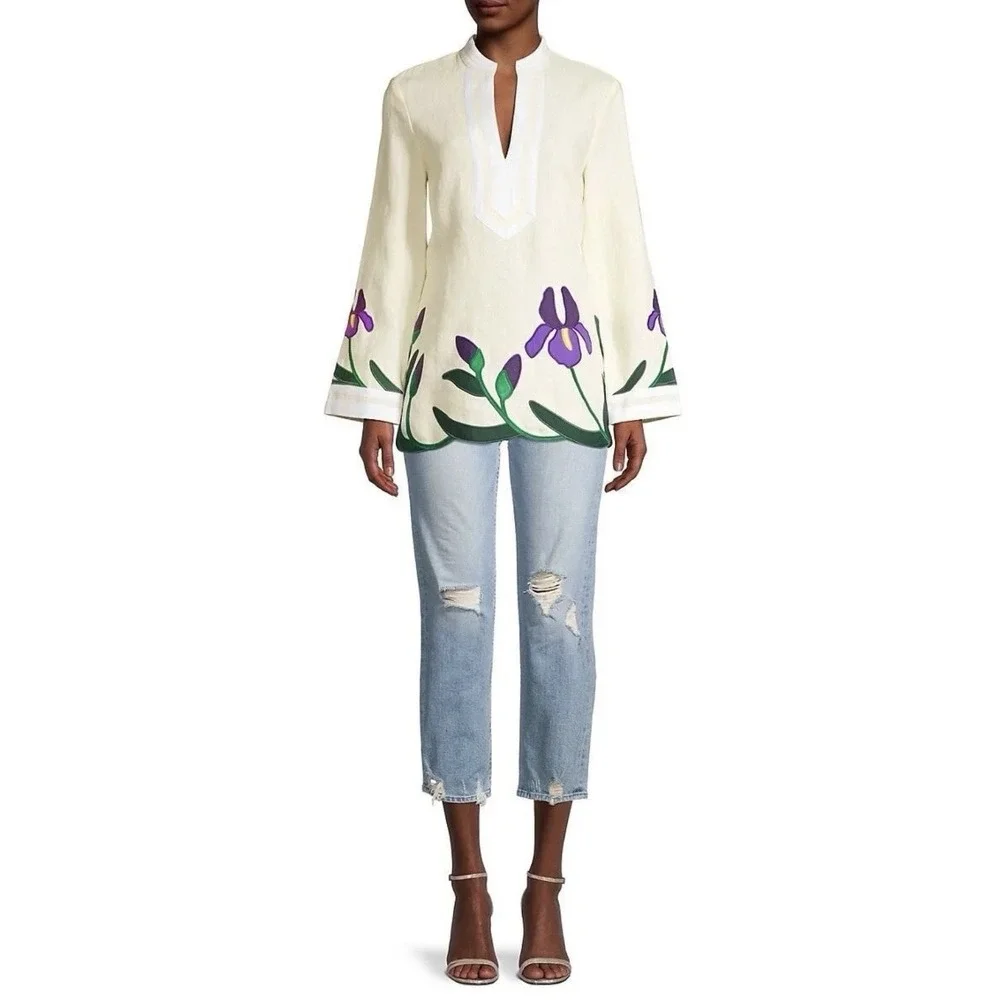 Tory Burch Women 16 Cream Ivory Multicolor 100% Linen Embroidered Tunic Top NWT